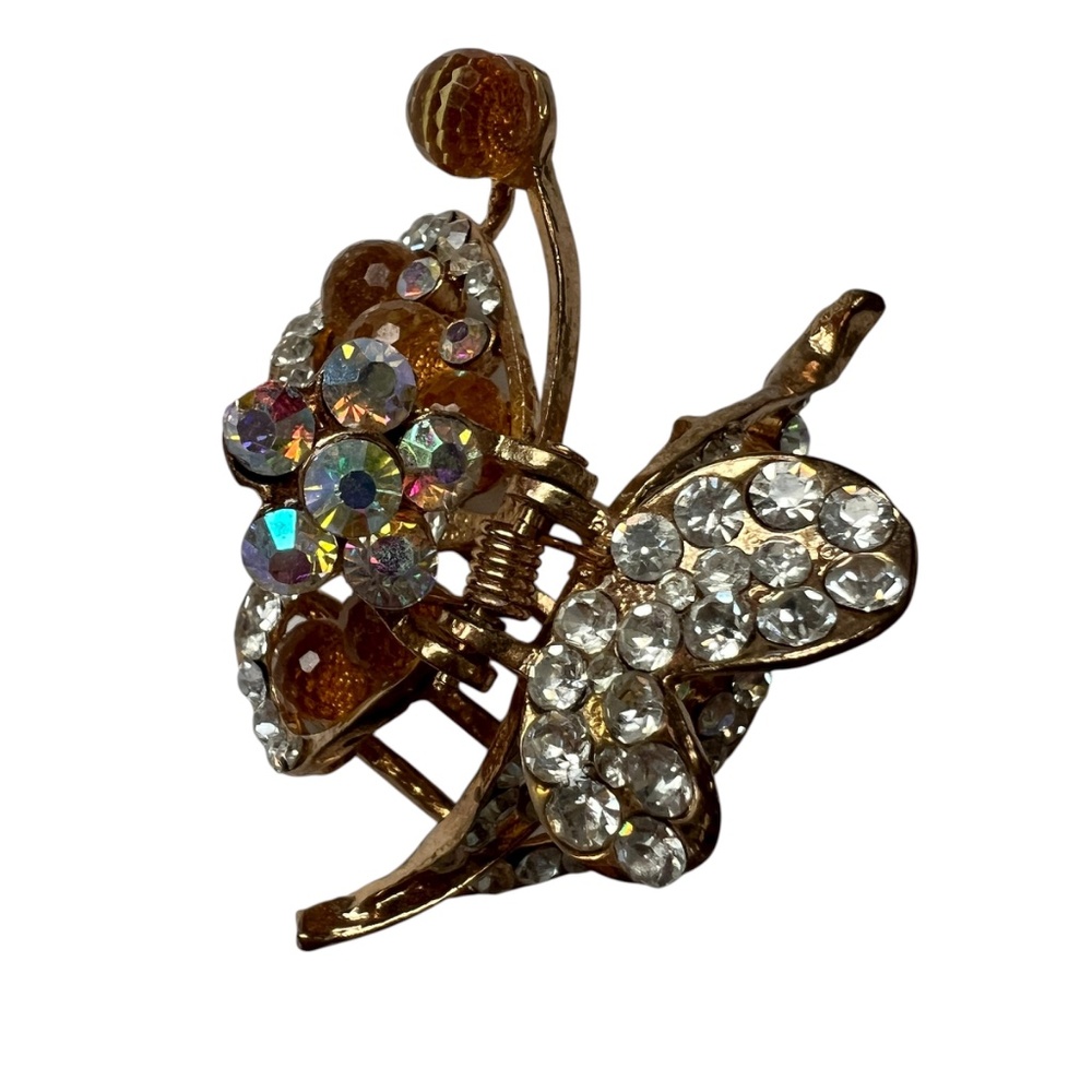 Rhinestone Claw Hair Clip Brass Tone Shiny Stones Butterfly New